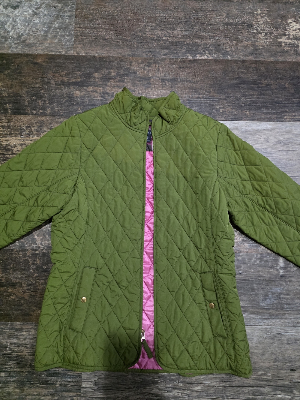 Lands' End Olive Quilted Jacket with Pink Interior